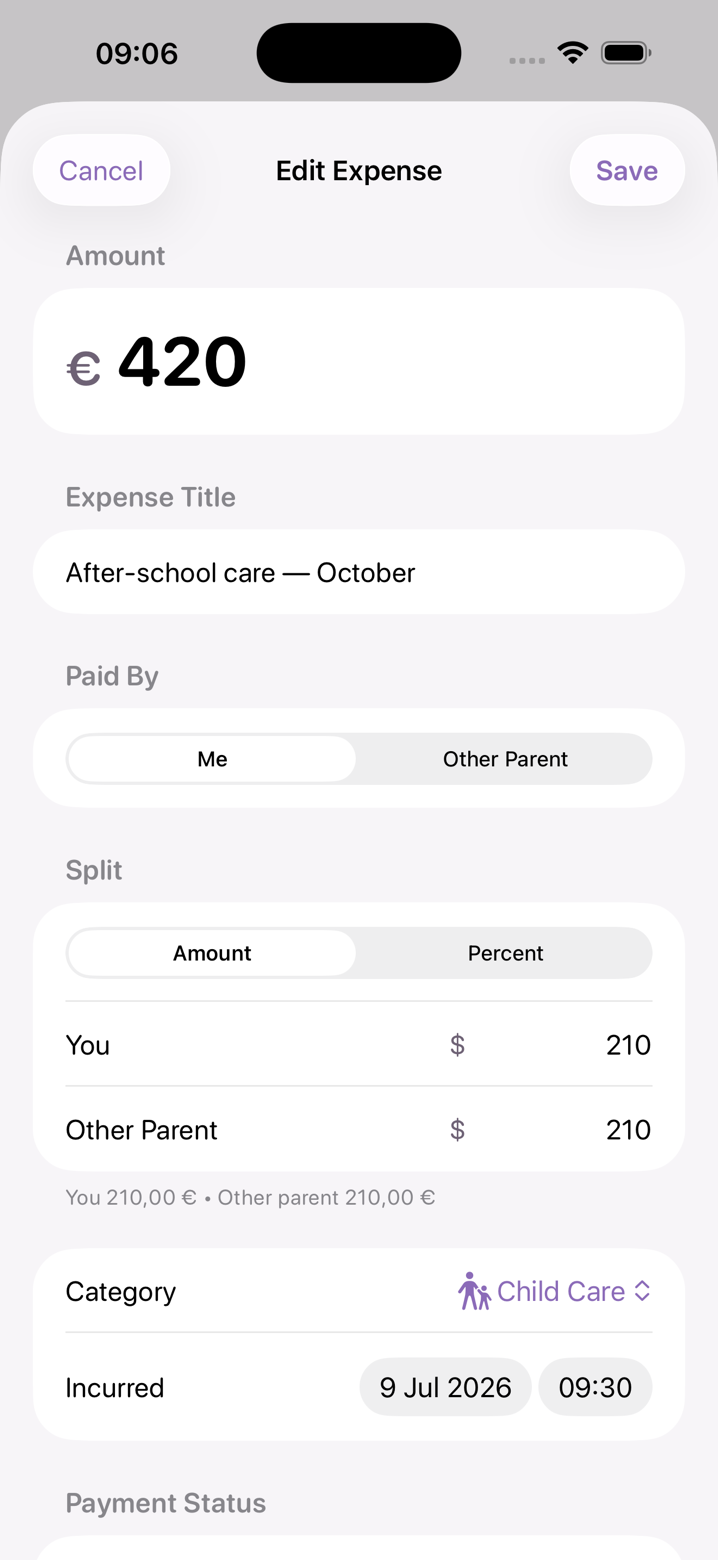 Logging a shared expense in Oya Shield: amount, who paid, and the split between parents by amount or percent