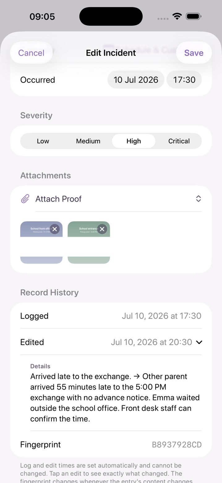 Oya Shield Record History: logged and edited timestamps, exactly what changed in the amendment, and a fingerprint so exports can be compared for tampering